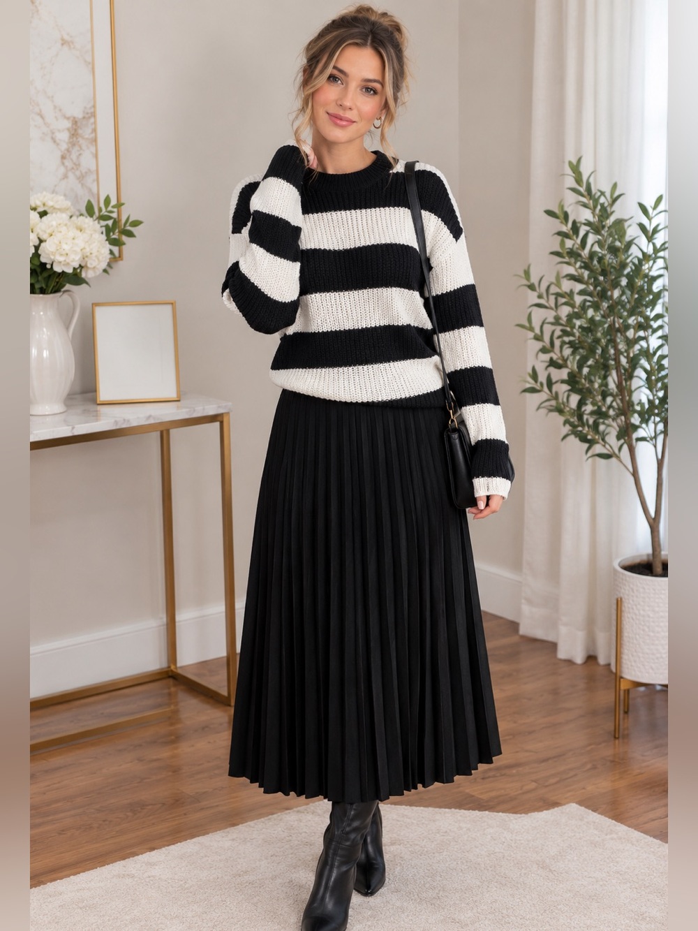 2pc Set of Black Pleated Midi Skirt - Classic Women's Skirt and sweater